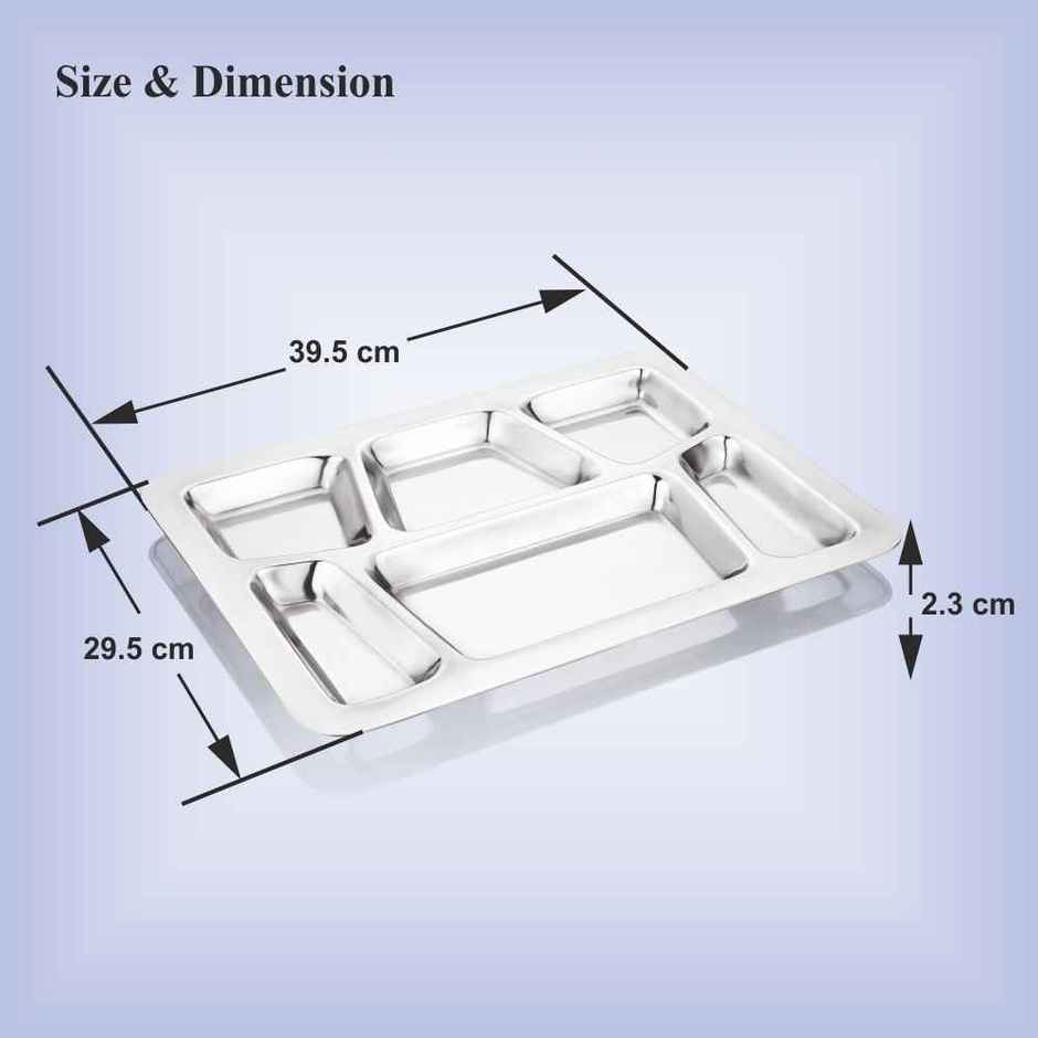 Steelera Stainless Steel 6 Compartment Plate / Canteen / Lunch / Dinner | Food Safe | 39 x 29 cm