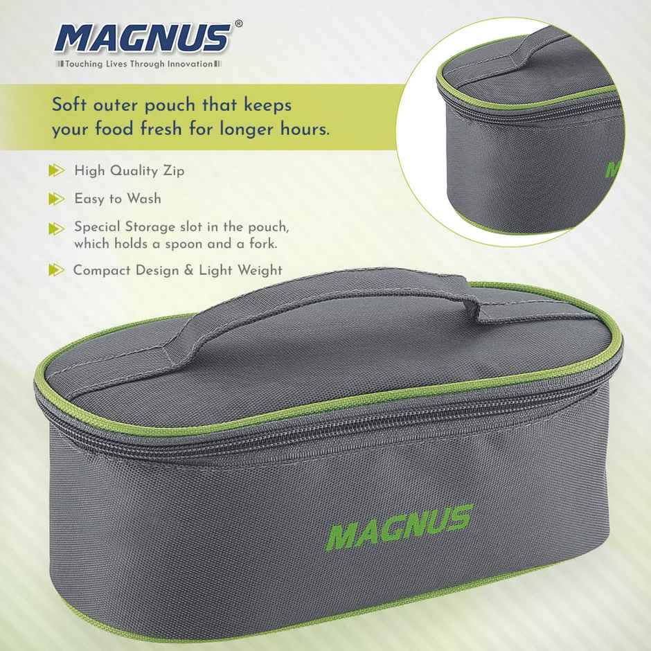 Magnus Olive 3 Lunch Box Set Leak-Proof Steel Containers for School with Insulated Bag (950 ml)