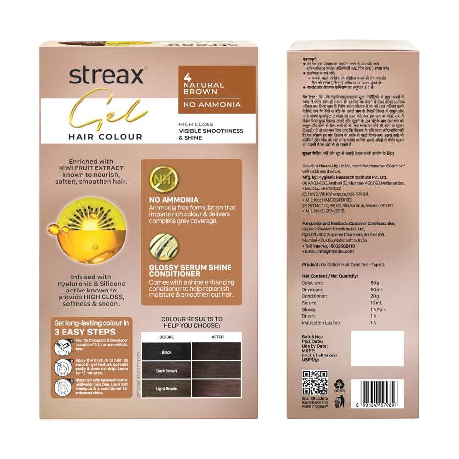 Streax Gel Hair Colour Natural Brown 4 | 100% grey coverage 