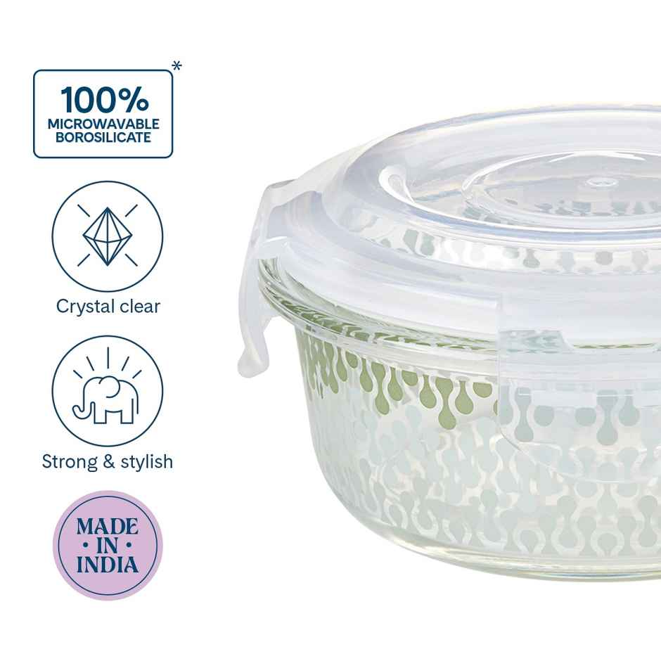Larah Glassware Gracia Borosilicate Glass Lunchbox, 2pc Round Container | 400 ml - Microwave Safe