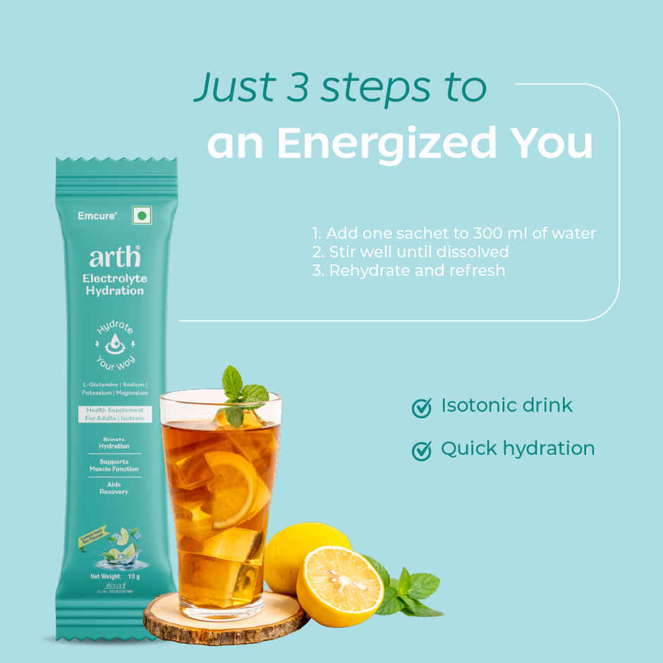Arth By Emcure Electrolyte for Quick & Daily Hydration | Lemon Iced Tea Flavour