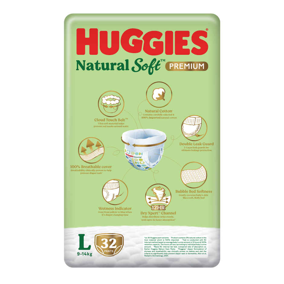 Huggies Natural Soft Premium Baby Diapers | Pant Style | L | 32 pcs