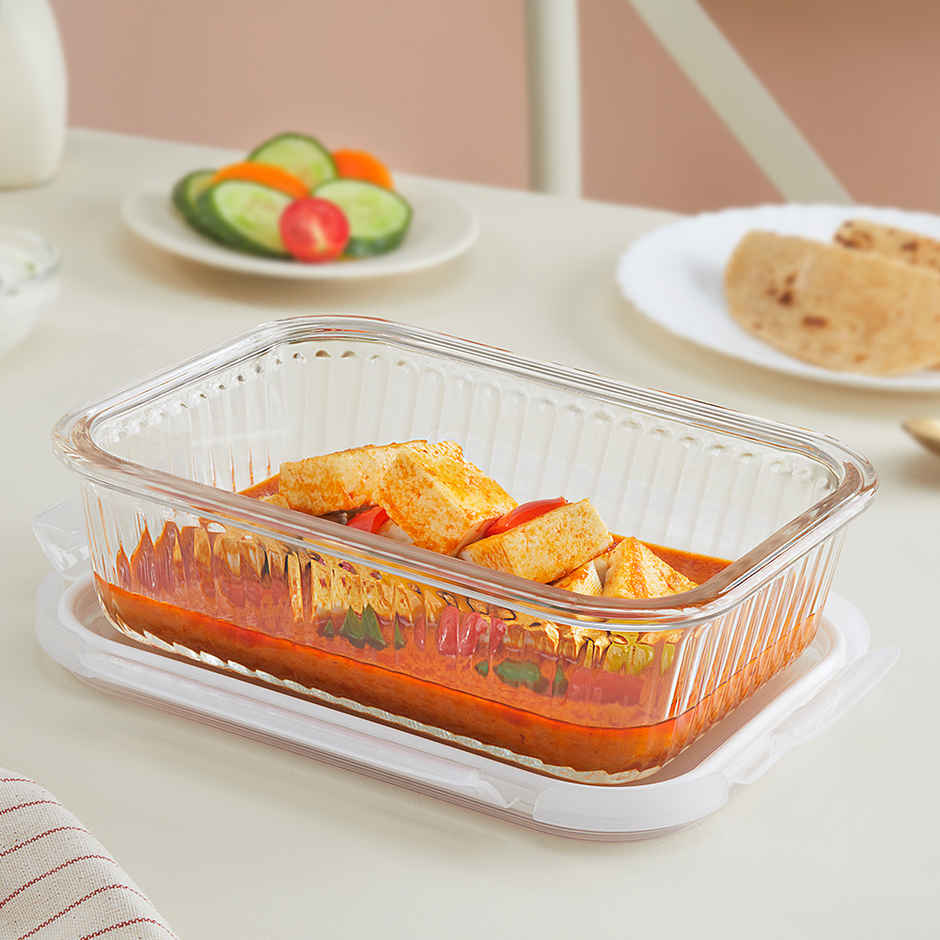 Borosil Fluted Klip N Store Rectangle Food Storage Container Borosilicate Glass Microwave Safe