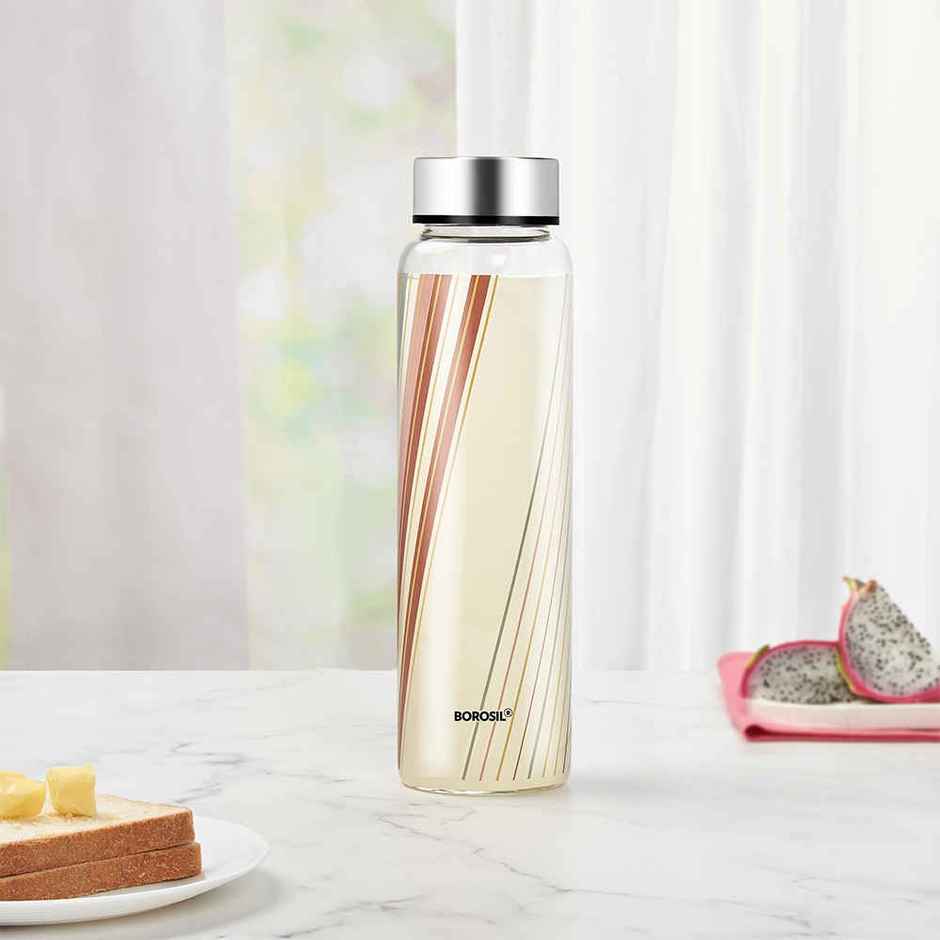 Borosil Prism Wide Mouth Bottle with Metal Lid Borosilicate Glass Dishwasher Safe