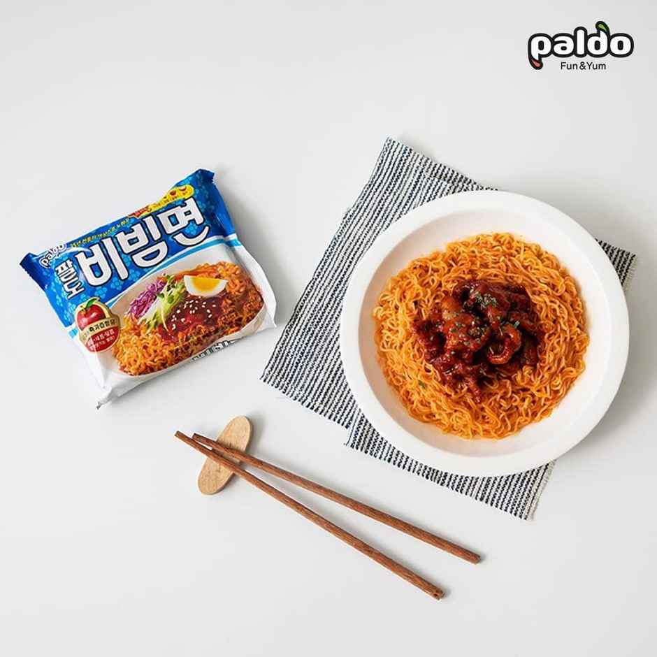 Paldo Bibimmen Spicy Korean Cold Noodles  (Pack Of 5)(650gms) & Pororo Korean Drink Strawberry Flavor(235ml) Combo