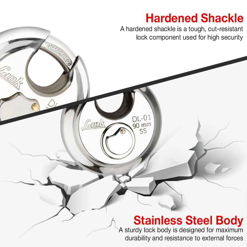 Link Stainless Steel Disc Lock DL-01 90mm with Hardened Shackle & 3 Nickel Silver Keys