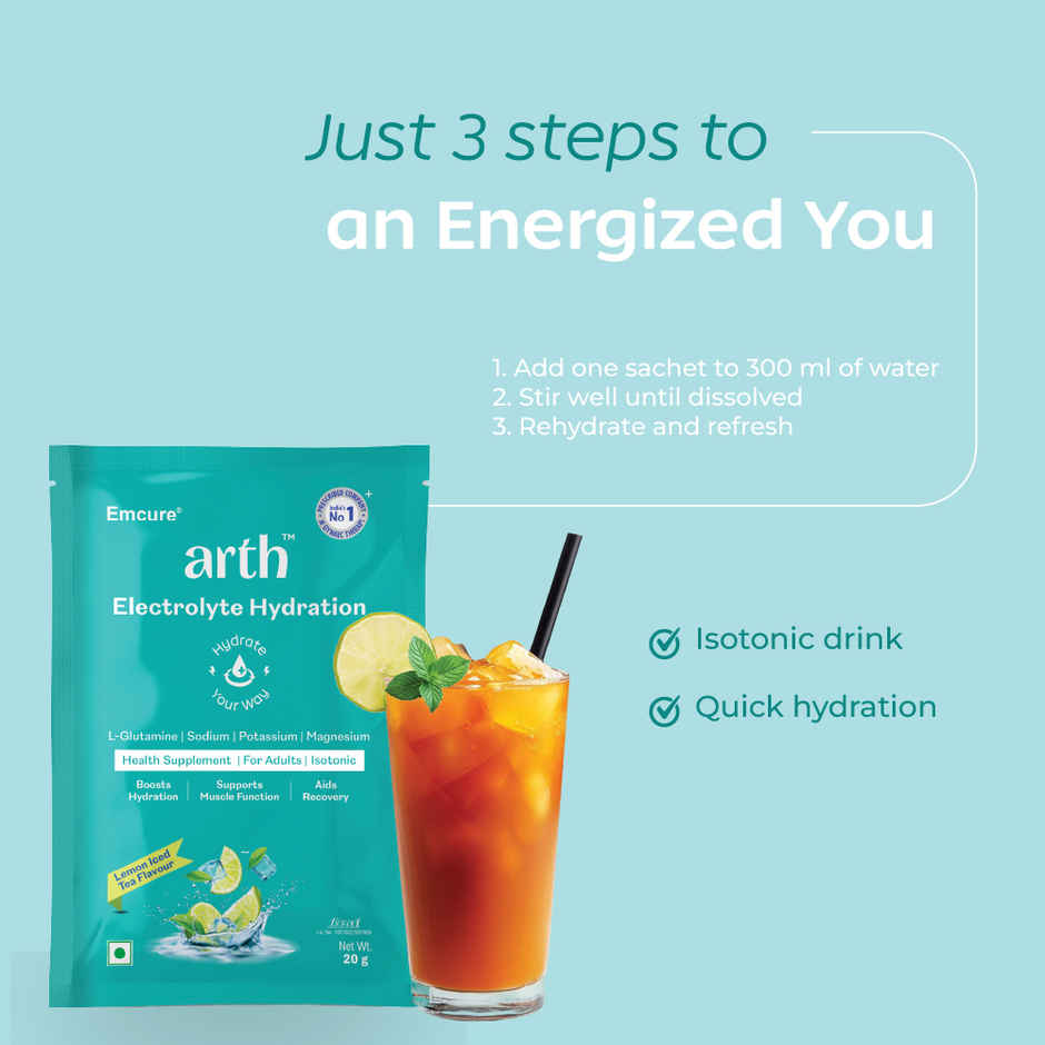 Arth by Emcure Electrolyte Hydration Boosts Energy Endurance Lemon Iced Tea Flavor