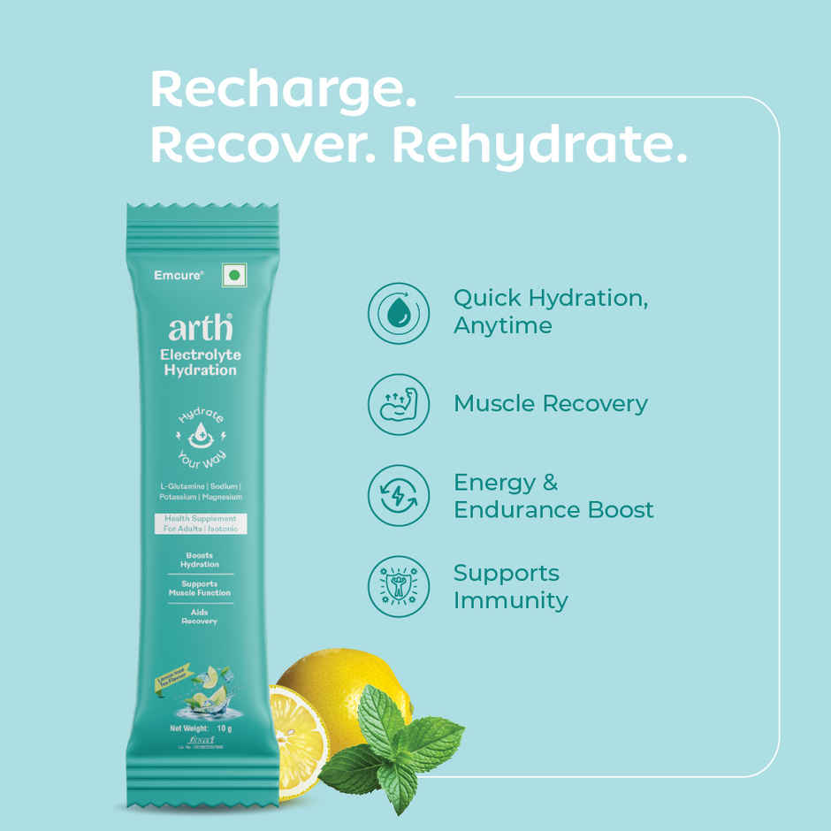 Arth By Emcure Electrolyte for Quick & Daily Hydration | Lemon Iced Tea Flavour