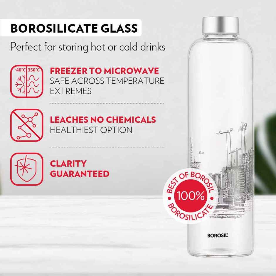 Borosil Roma Narrow Mouth Bottle with Metal Lid | Borosilicate Glass | Dishwasher Safe - 1 L