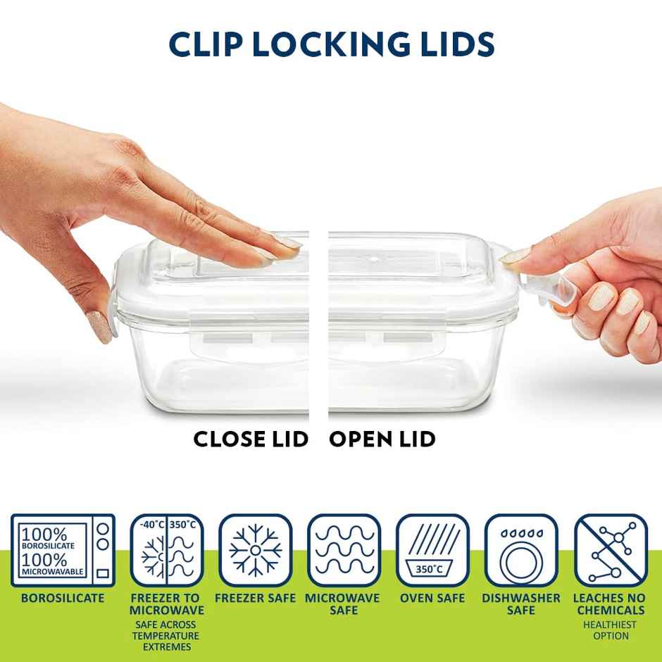 Borosil Klip n Store Lunchbox, 3pc Square Container (320ml Each), Unisex Borosilicate Glass Tiffin