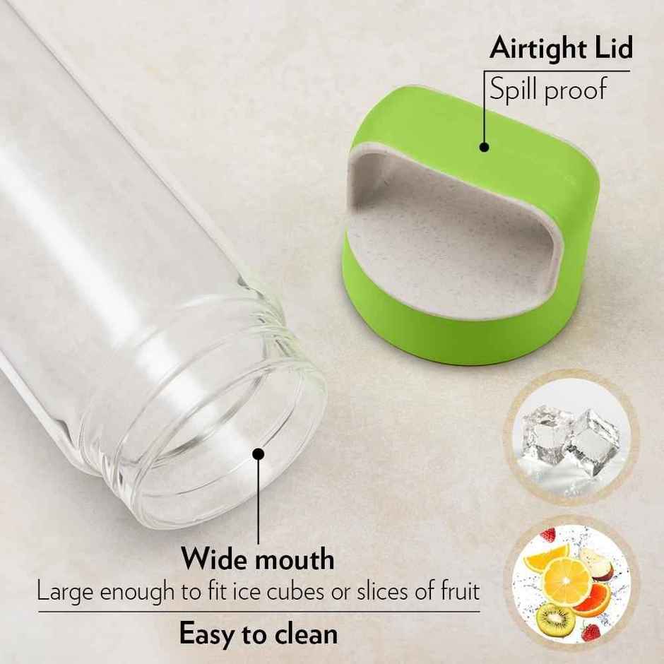 Borosil Borosilicate Neo Glass Water Bottle with Green Lid | Transparent | 550 ml