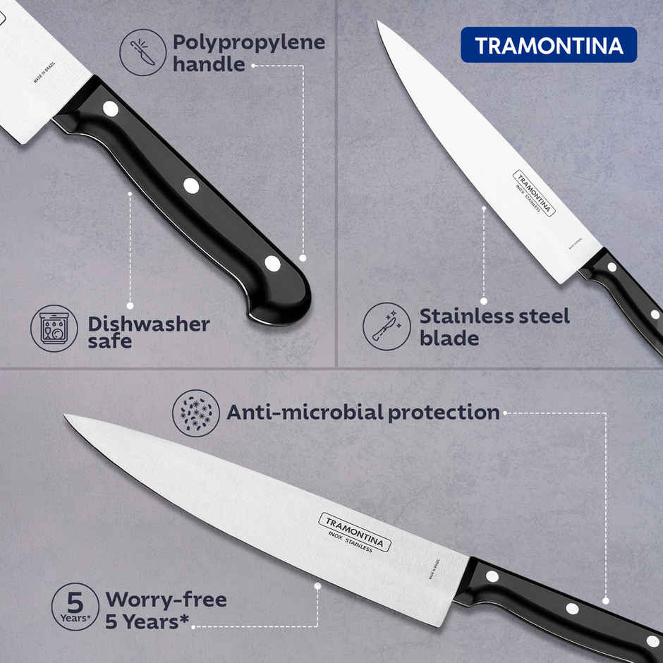 Tramontina Ultracorte Stainless Steel Chef Knife/,15cm/5.9 inch | Black | Straight/Plain Edge | Antimicrobial |Polypropylene Handle |Dishwasher Safe | 5 Year Warranty | Made in Brazil