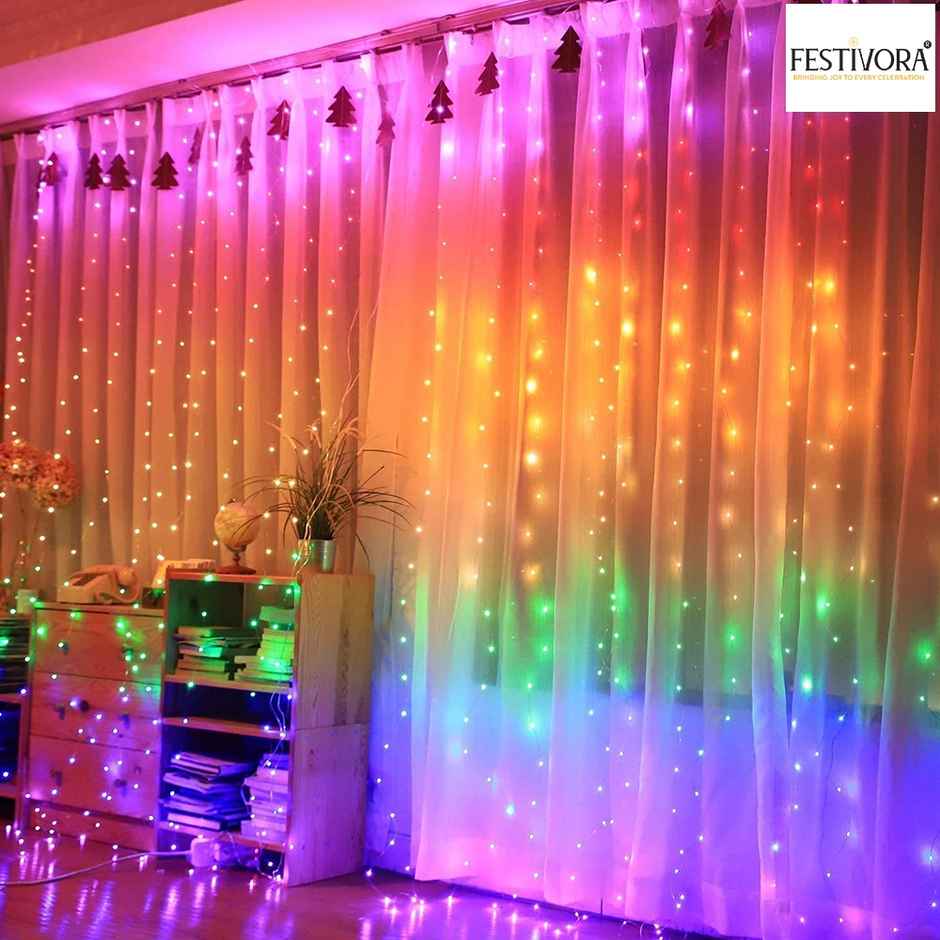 Festivora 240 LEDs Multicolor Curtain String Lights - 3x3 Ft, USB Operated Lights for decoration