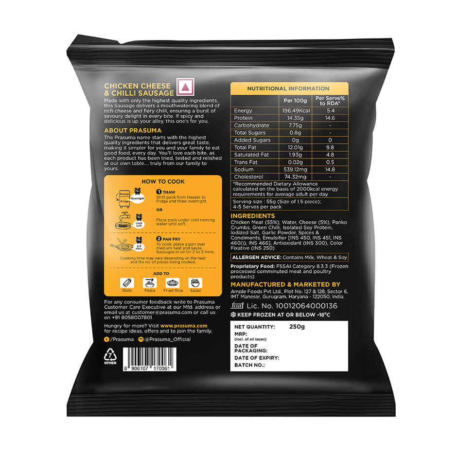 Prasuma Chicken Cheese & Chilli Sausage, 250g | Real Cheddar Cheese | Best Cuts | Fresh Chicken
