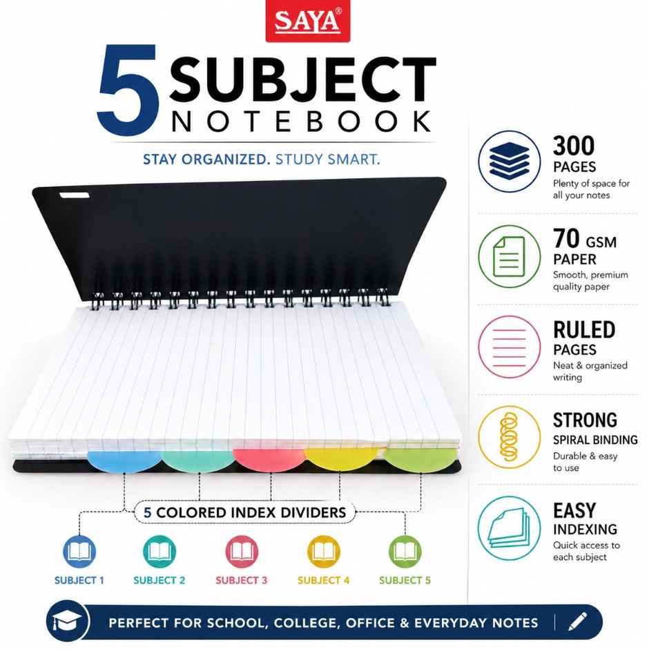Saya A5 Executive Wiro 5 Subject Notebook | 200 Pages for School, Office & Study