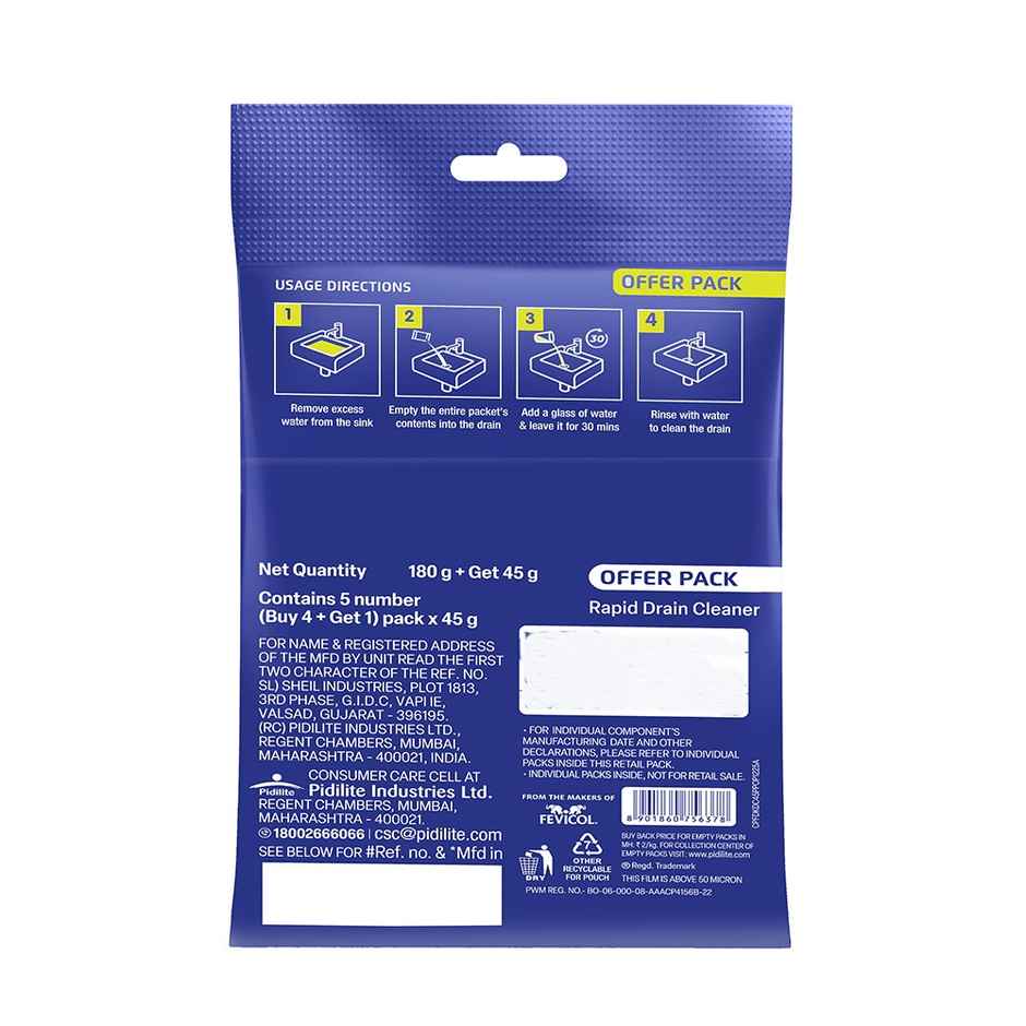 DKlog Drain Cleaner Powder 45g x5-Fast Clog Remover for Sinks, Pipes & Septic Tanks