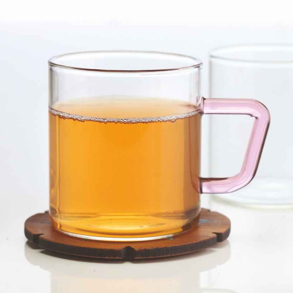 Borosil Vision Classic Mug Set With Pink Handle (190 ml) | Borosillicate Glass | Microwave Safe