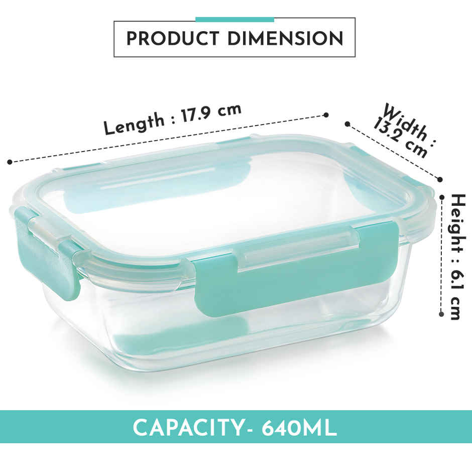 Magnus Glock 640 ml Rectangle Green Container, Airtight Lid & Detachable Lock, Borosilicate Glass