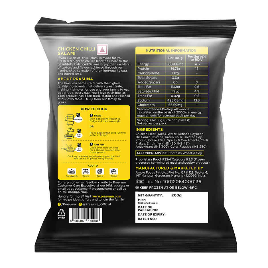 Prasuma Chicken Chilli Salami, 200g | Smoked | Fresh Chicken | No Preservatives | Kick of Chilli