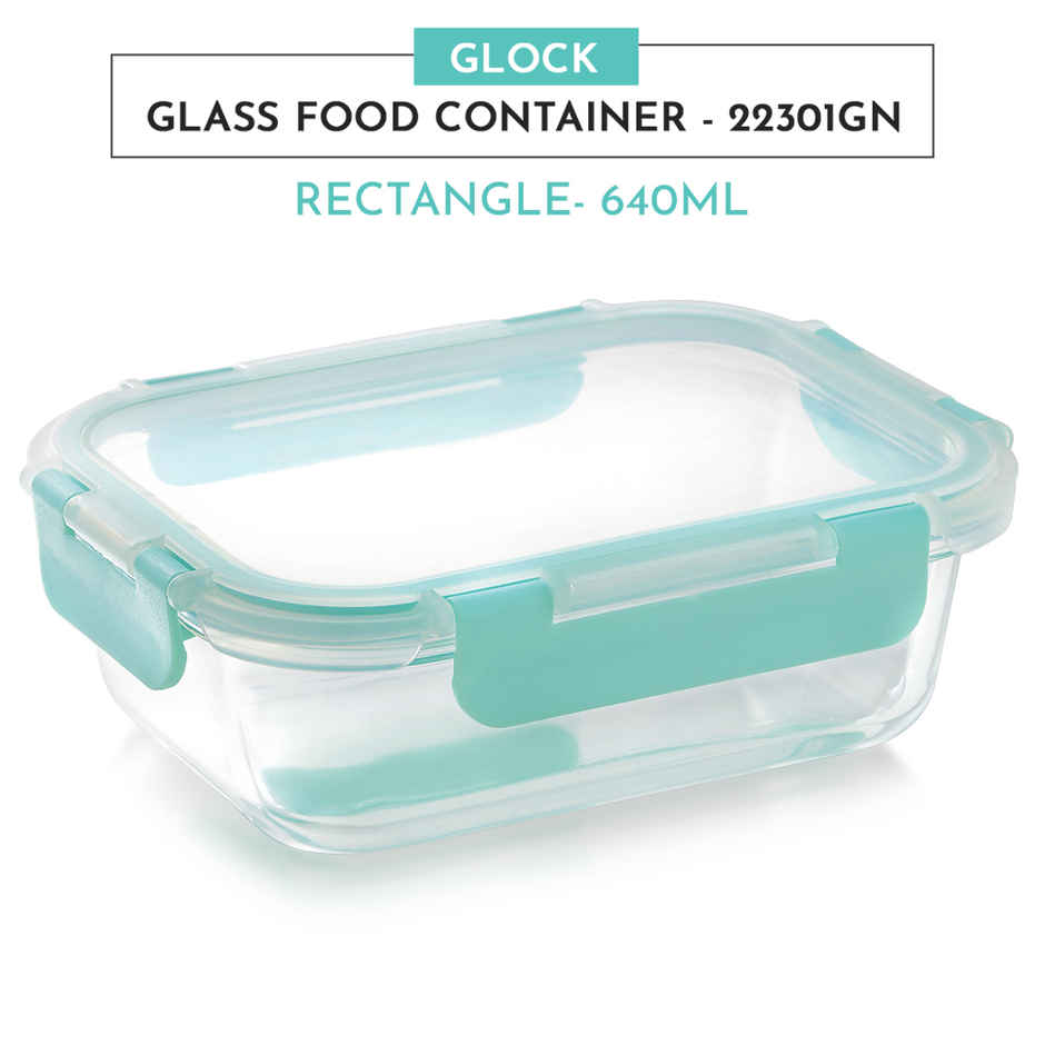 Magnus Glock 640 ml Rectangle Green Container, Airtight Lid & Detachable Lock, Borosilicate Glass