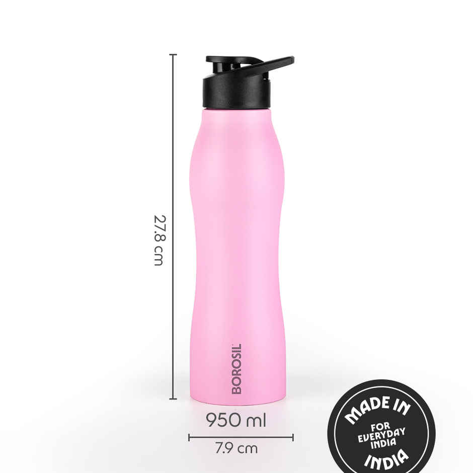 Borosil Grip Go BIS Approved Single Wall Stainless Steel Water Bottle | Pink | 950 ml