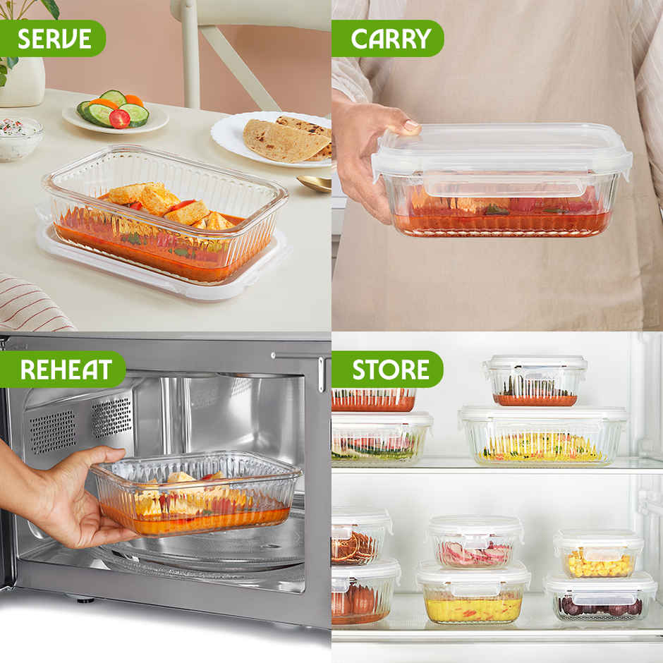 Borosil Fluted Klip N Store Rectangle Food Storage Container Borosilicate Glass Microwave Safe