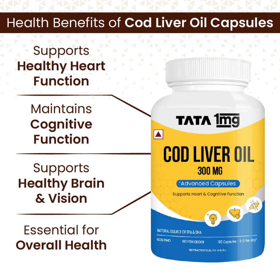 Tata 1mg Cod Liver Oil Capsule | Omega-3 & Vitamin A for Bone & Heart Health