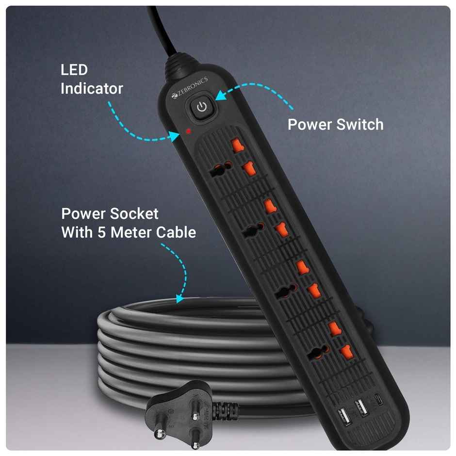 Zebronics Power Bar 145 | 2000W | 1 x Type C Port | 4 x Universal Socket | 2 x USB Port | 5 m