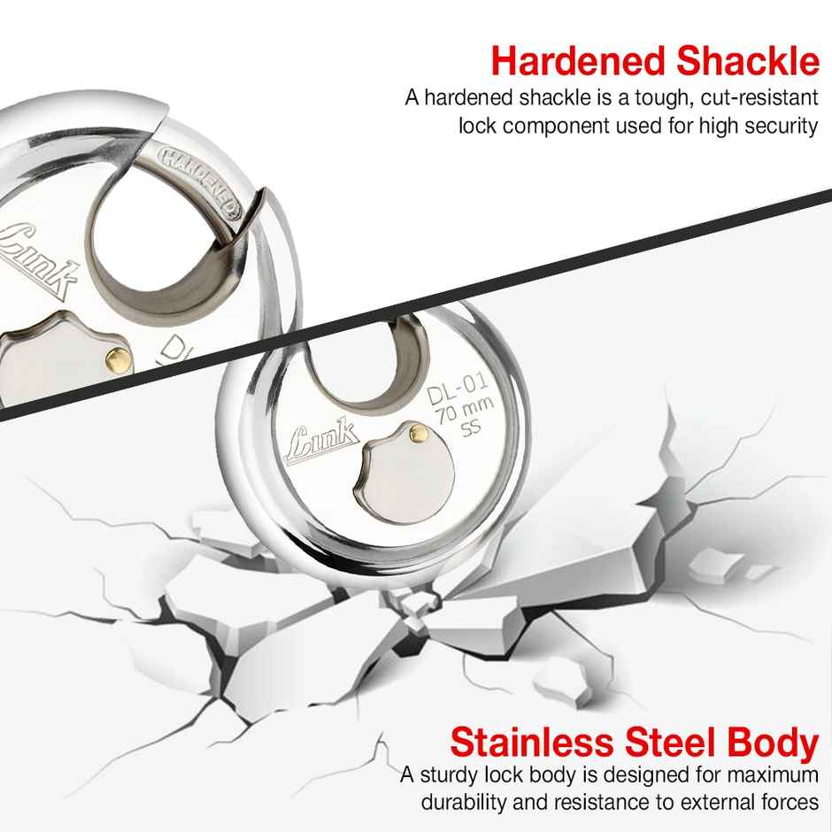 Link Stainless Steel Disc Lock DL-01 70mm with Hardened Shackle & 3 Nickel Silver Keys