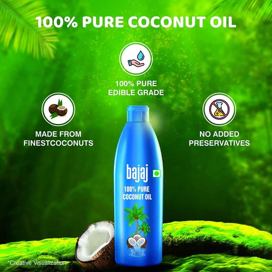 Bajaj 100% Pure Coconut Oil - Wide Mouth Jar | Made with Premium Grade 1 Quality Coconuts