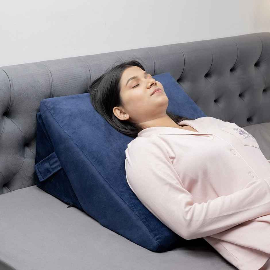 Wakefit Advanced Wedge Pillow Prevents Acid Reflux & Snoring Washable Velvet Cover | Dark Blue