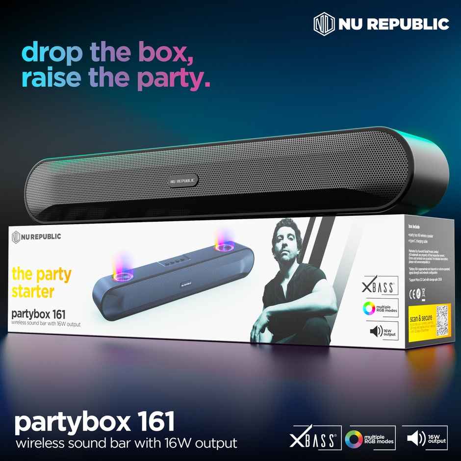 Nu Republic Partybox161 | 10H Playtime | 52mm Driver | RGB Lights | 16W Bluetooth Soundbar - Black