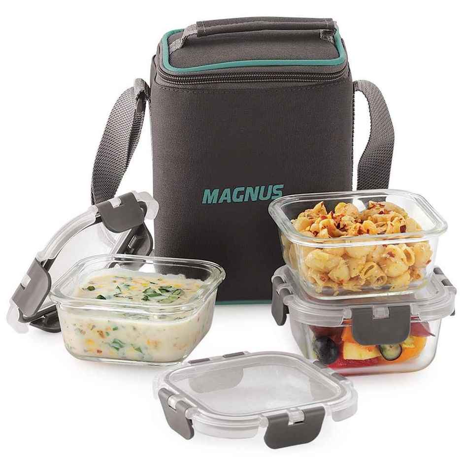 Magnus Glock Solid Lunch Box With Bag, 3pc Square Containers (320 ml Each), Borosilicate Glass Tiffin