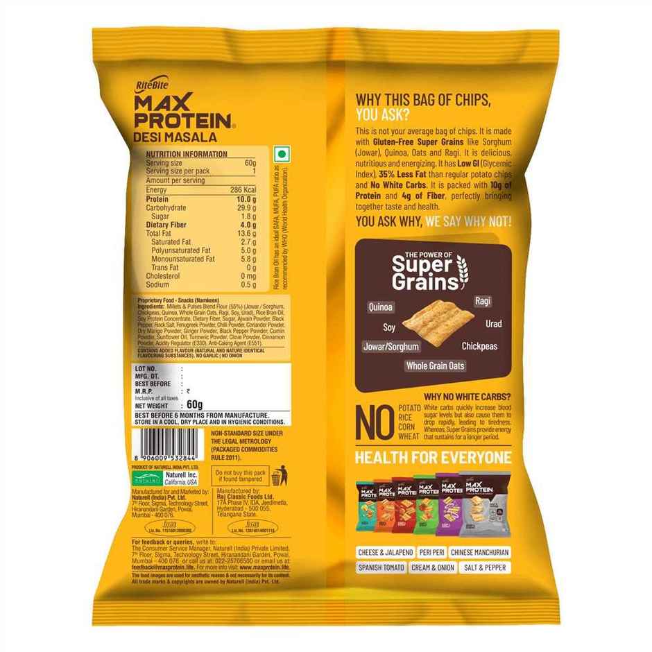 RiteBite Max Protein Desi Masala 10 G Multigrain Protein Chips, Healthy Snacks & Munchies