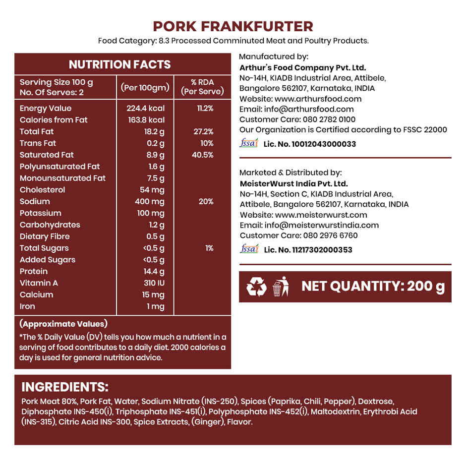 Meisterwurst Pork Frankfurter Sausage