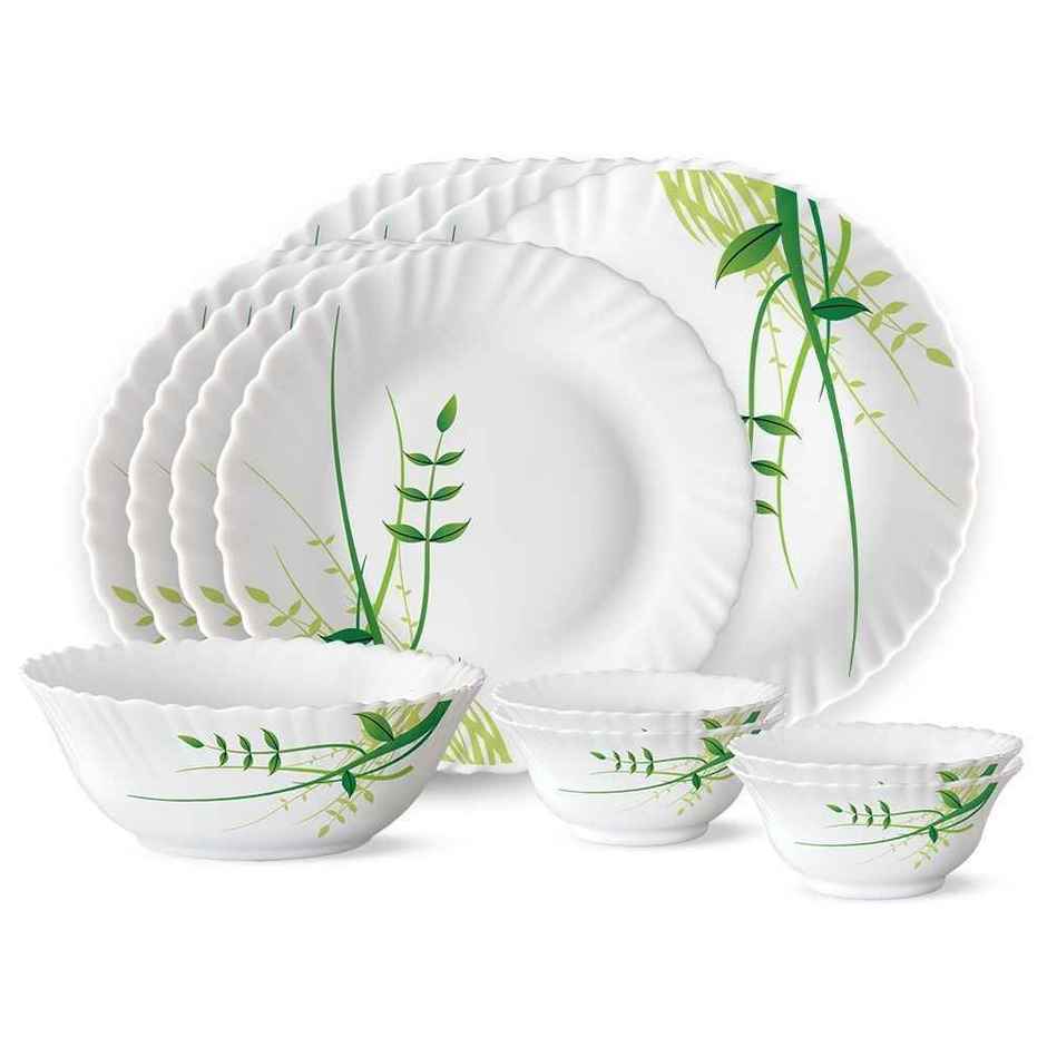 Larah By Borosil Green Herbs 13Pc Dinner Set Opalware Crockery For Dining & Gifting - White