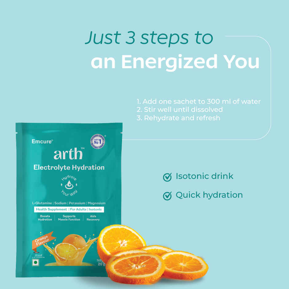 Arth By Emcure Electrolyte Hydration Boosts Energy Orange flavour Combo