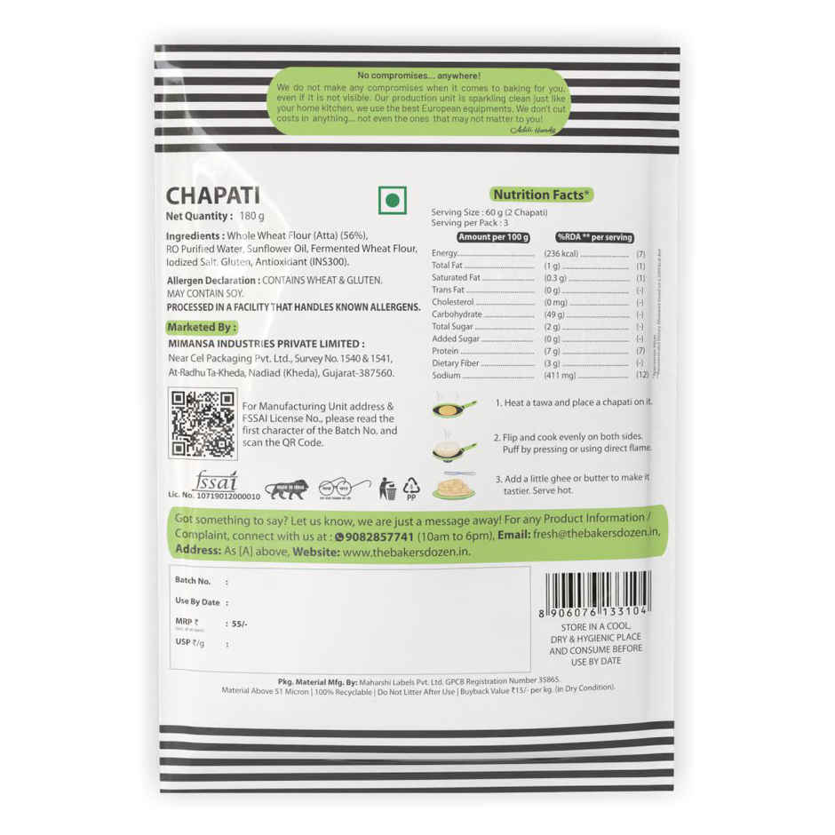 The Baker's Dozen Zero Maida Chapati | Ready to Eat | Ready to Cook | Wheat Roti | Clean Label