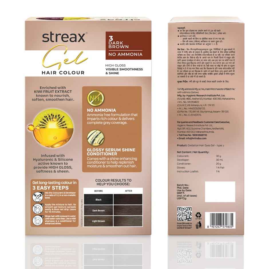 Streax Gel Hair Colour For Women, Dark Brown 3 |100% Grey Coverage