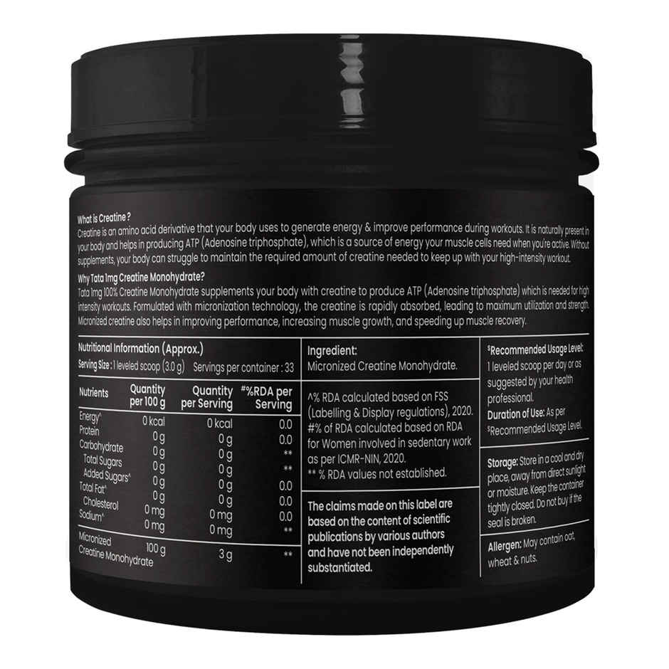 Tata 1mg Creatine Monohydrate Powder, Micronized, Unflavored (33 Servings) | Boosts Strength