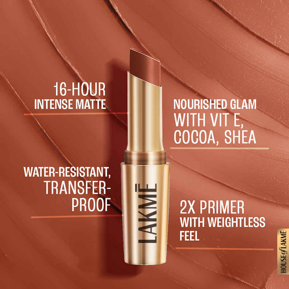 Lakme 9to5 Powerplay Priming Matte Lipstick, Lasts 16hrs, Caramel Latte