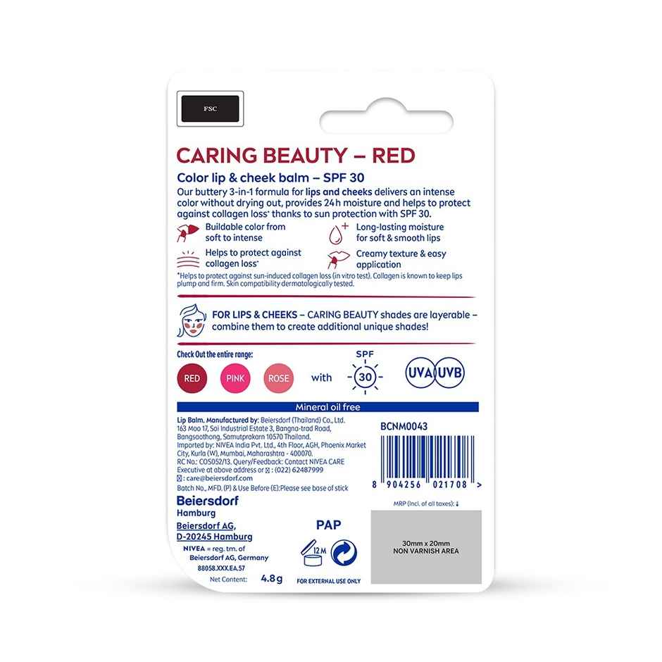 NIVEA Lip Caring Beauty Red Lip Balm | Lip & Cheek Tint with SPF 30