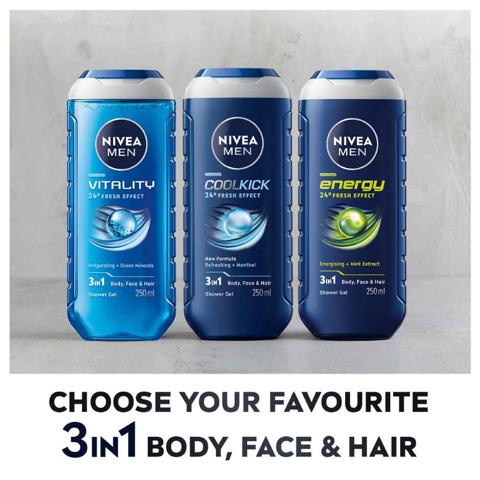 Nivea Men Cool Kick With Refreshing Icy  Menthol Shower Gel For Body Face & Hair (250ml) & Nivea Men'S Deodorant Roll On For Men (50ml) Combo