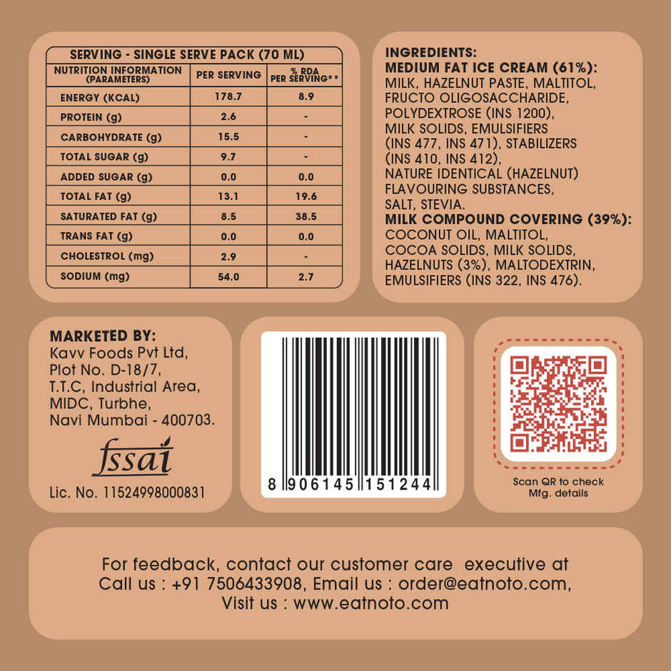 NOTO Chocolate Hazelnut Sugar Free, Guilt Free Bar