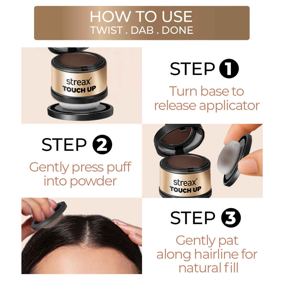 Streax Root Touch Up Powder, Brown, Covers Grey Hair & Bald Patches Instantly
