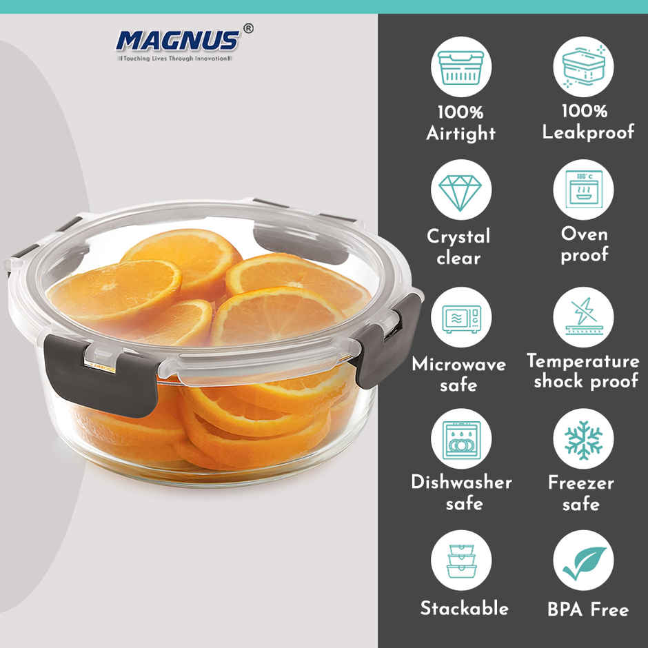 Magnus Glock Round 950 ml Borosilicate Glass Container with Airtight Lid & Detachable Lock | Grey