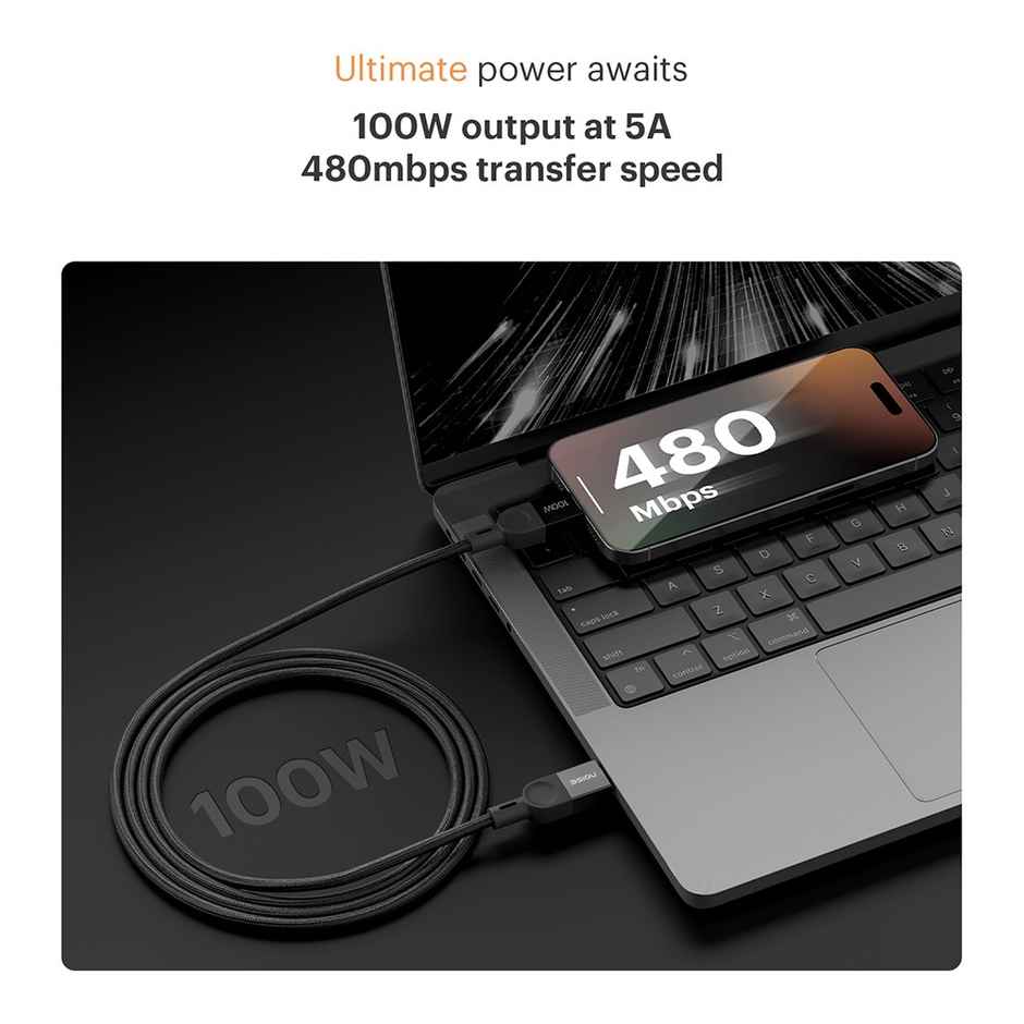 Noise Power Series 100W Braided Type-C to Type-C Cable, 1 Meter, Fast Charge | Type C Cable for iPhones 15 and Above, All Type C Androids Mobiles, Macbook, USB-C Laptops, other USB-C Devices - Black