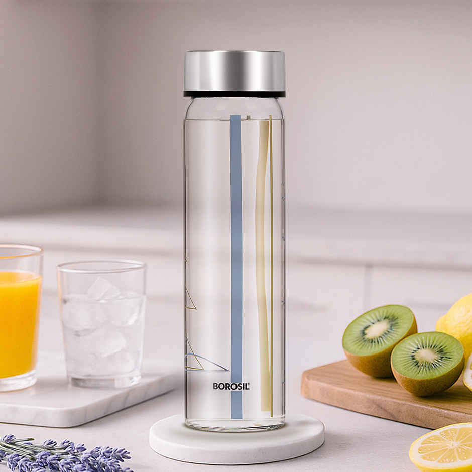 Borosil Sintra Wide Mouth Bottle with Metal Lid Borosilicate Glass Dishwasher Safe