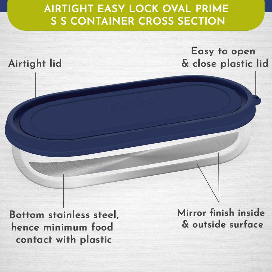 Magnus Easy Lock Oval Prime Container, Stainless Steel, Airtight & Leakproof Lid & Container