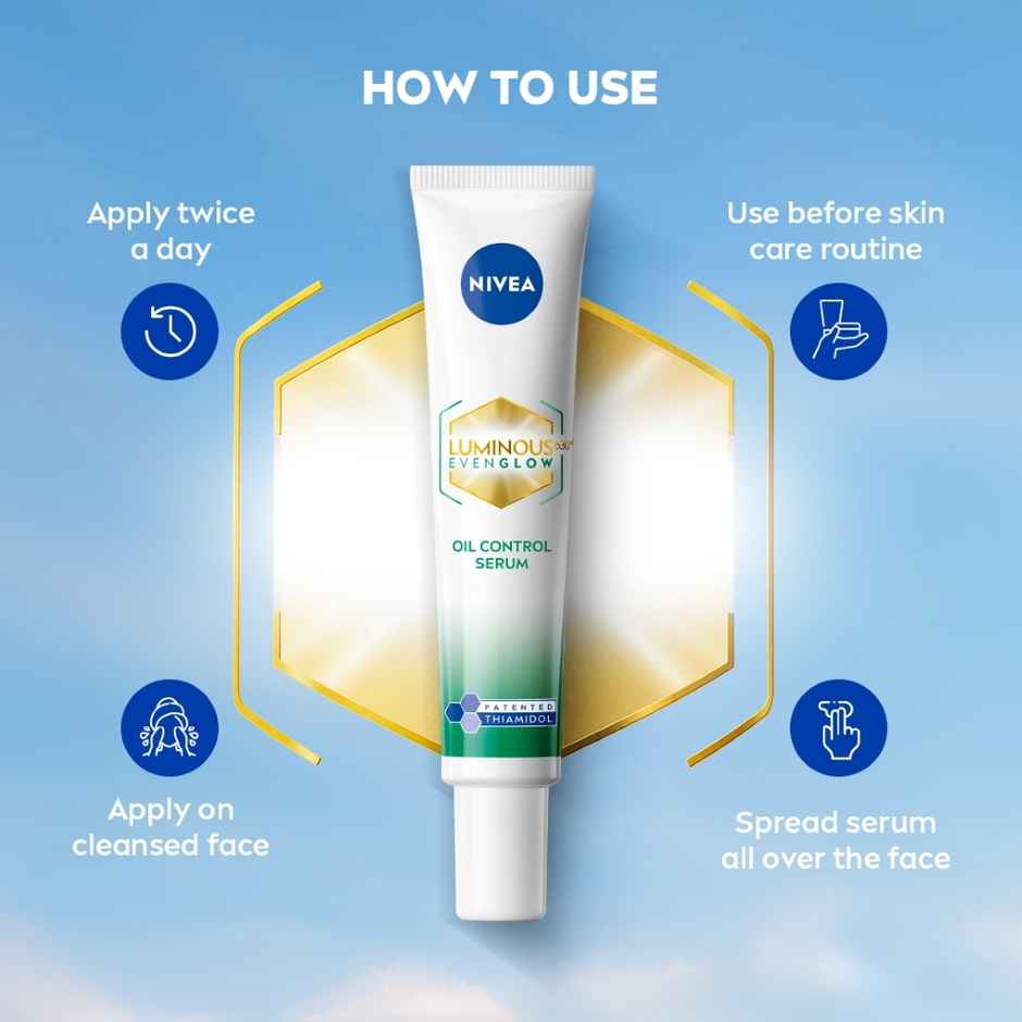 Nivea Luminous Even Glow Oil Control Serum| Thiamidol, Salicylic, Hyaluronic Acid| Reduces Dark Spot (40ml) & Nivea Luminous Even Glow Face Wash | Oil Free Formula, Aha, Aloe Vera, Guarana Extract | Deep Clean (100ml) & Nivea Luminous Even Glow Oil Control Day Cream Spf 50,Thiamidol |Uv Protection & Reduces Dark Spots (40ml) & Nivea Luminous Even Glow Night Cream |Thiamidol & Hyaluronic Acid |Moisturizes & Reduces Dark Spots (40ml) Combo